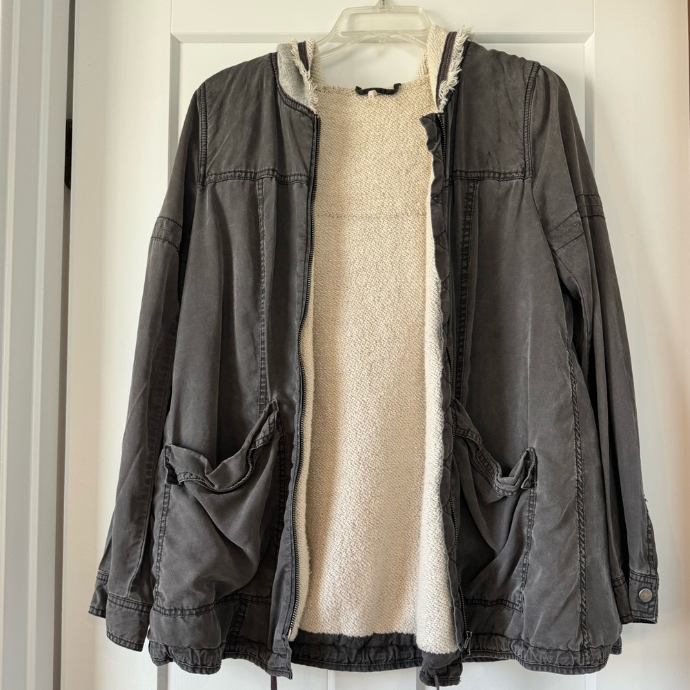 Free People Oversized Utility Jacket with Hood in Grey, Size Small